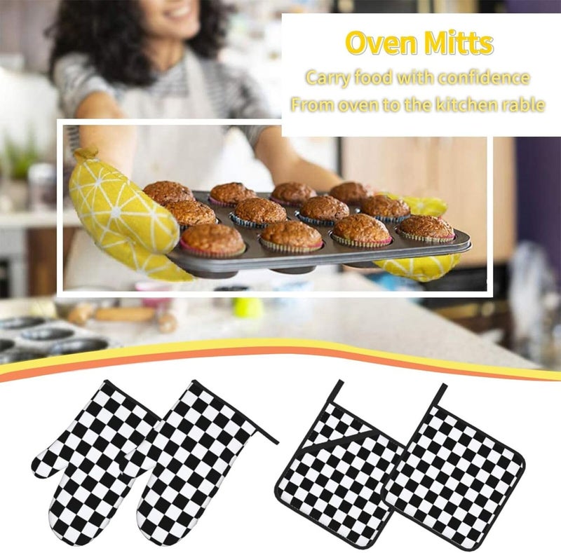 Nezweld Checkered Black and White Plaid Oven Mitts and Pot Holders Set of 4,Heat Resistant Non-Slip Potholders Oven Gloves and Pad for Kitchen Cooking Baking Grilling BBQ - Image 2